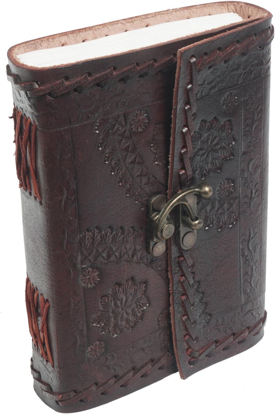 Handmade Embossed Leather Diary Journal with Lock, Dark Camel Color, Perfect Christmas Gifts/Thanksgiving Gifts