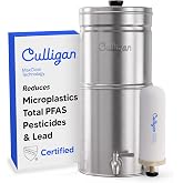 Culligan MaxClear Gravity Water Filter System - Microplastics, Lead &amp; PFAS | IAPMO Certified | Portable &amp; Nesting | 2.25 Gallon | 1 Ceramic + Carbon Filter Included | Premium Polished Stainless Steel