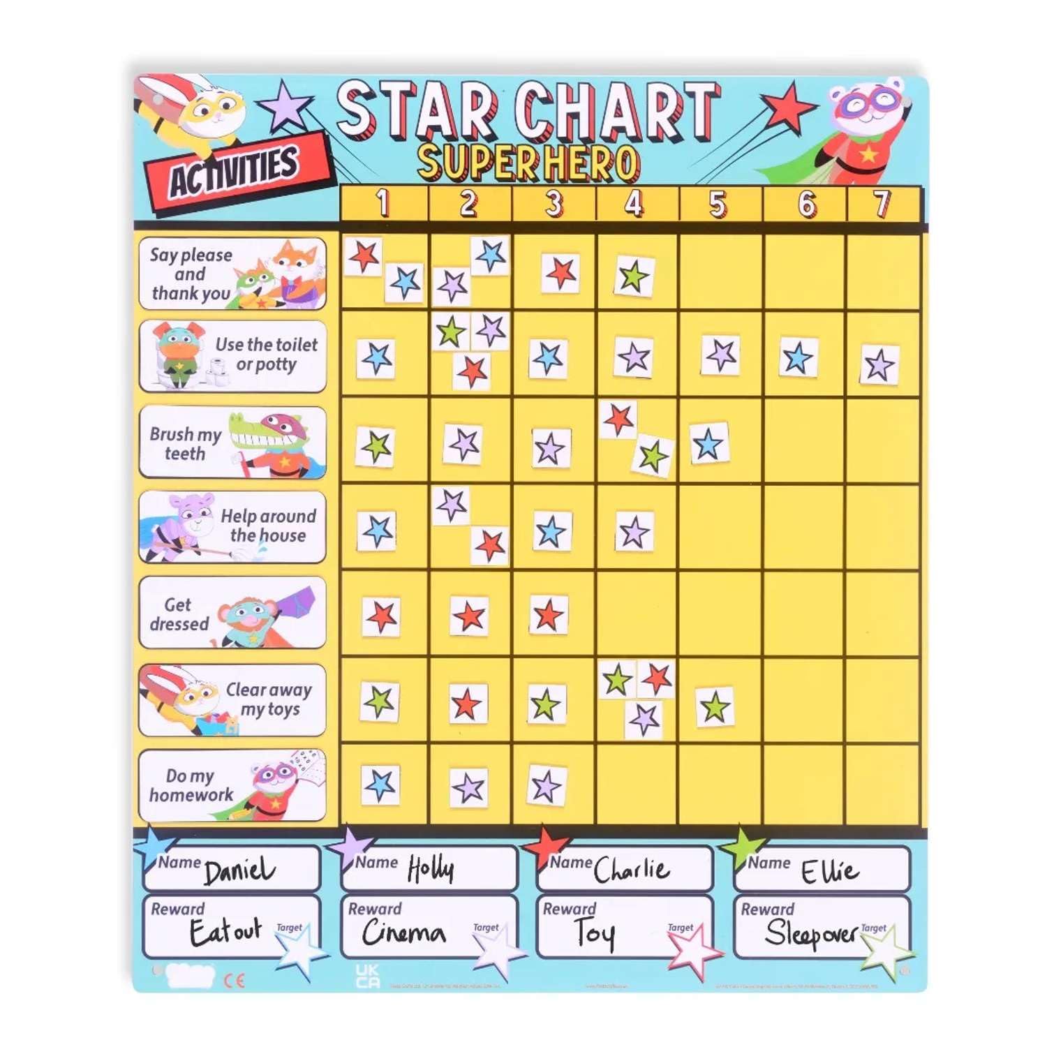 Fiesta Crafts Superhero Star Reward Chart - Magnetic Chore Board for Kids & Toddlers - Colour-Coded & Tracks Up to 4 Children to Encourage Good Behaviour - 200+ Stars, 19 Activity Suggestions, & Pen