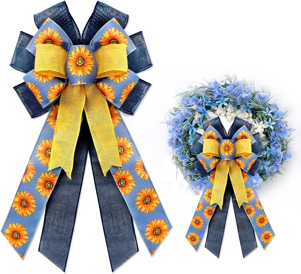 Bows & Ribbons - Large Sunflower Bows for Wreath, Spring Blue Yellow Wreath Bows Idyllic Romantic Floral Bows for Front Door, Farmhouse Ornament Burple Tree Bows for Holiday Indoor Outdoor Decor