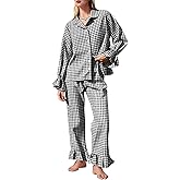 Flygo Womens Gingham Pajamas Sets Cotton Plaid Pjs Ruffled Sleeve Button Down Shirt Pants Y2k 2 Piece Lounge Set
