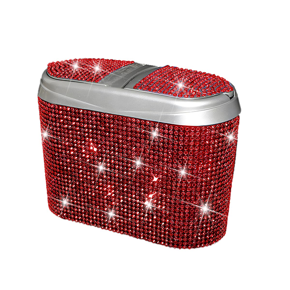 Photo 1 of Mandark Bling Car Trash Can with Lid, Cute Diamond Automotive Hanging Dustbin Container, Sparkling Crystal Rhinestone Mini Vehicle Garbage Organizer, Universal for Car, Home, Office (Red)