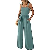 Lepunuo Jumpsuits for Women Casual One Piece Overalls Smocked Wide Leg Long Rompers With Pockets Beach Vacation