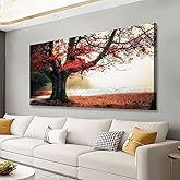 Stunning Nature Landscape Wall Art - 20x40 inches Canvas Artwork of Sunrise Forest Scenery with Red Leaves. Perfect Wall Decoration for Living Room, Bedroom and More