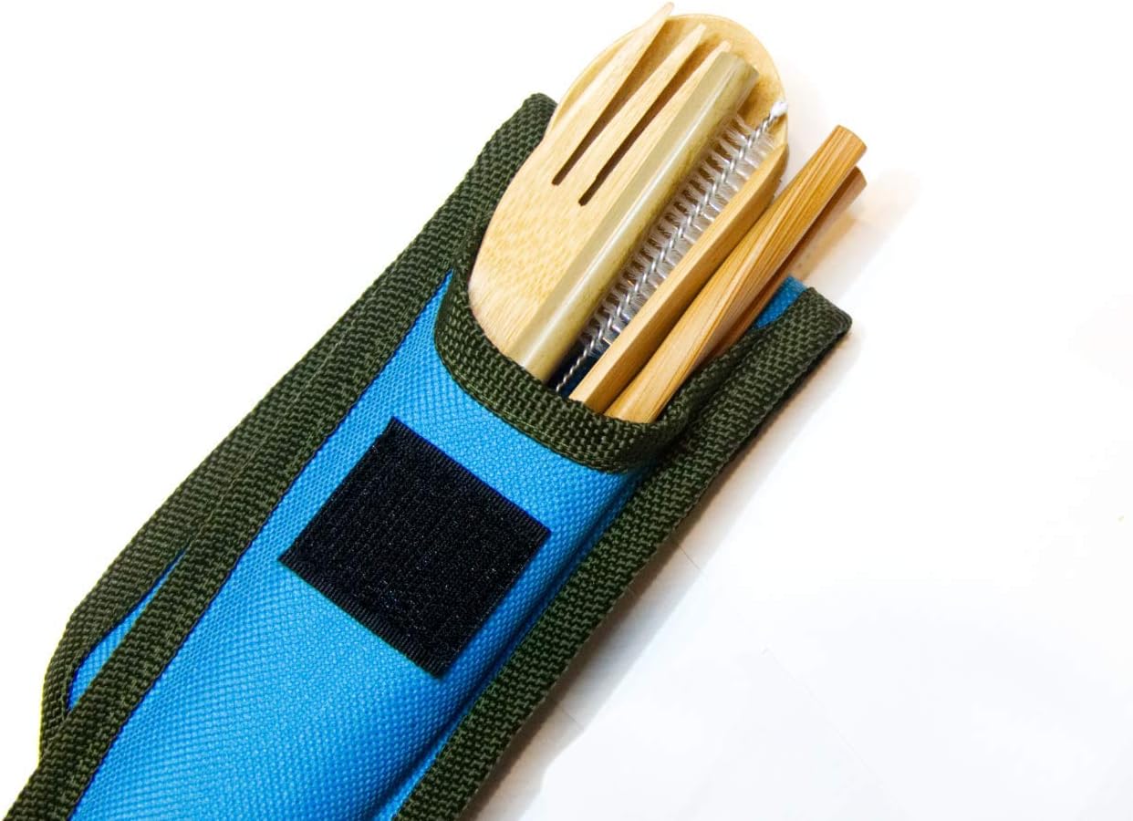 Sipsey Bamboo Travel Utensil Set with Straw and Carrying Case | Wooden Spoon, Fork, Knife, Chopsticks, Straw, Cleaning Brush & Travel Case w/ Carabiner | Perfect for Picnics, School, Office, Camping