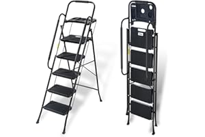 Valeo 5 Step Ladder with Handrails,500 Lbs Capacity,Folding Step Stool Ladder with Tool Platform,Wide Anti-Slip Pedal,Step Ladder 5 Step Folding,Multi-use for Home,Kitchen,Office,Black