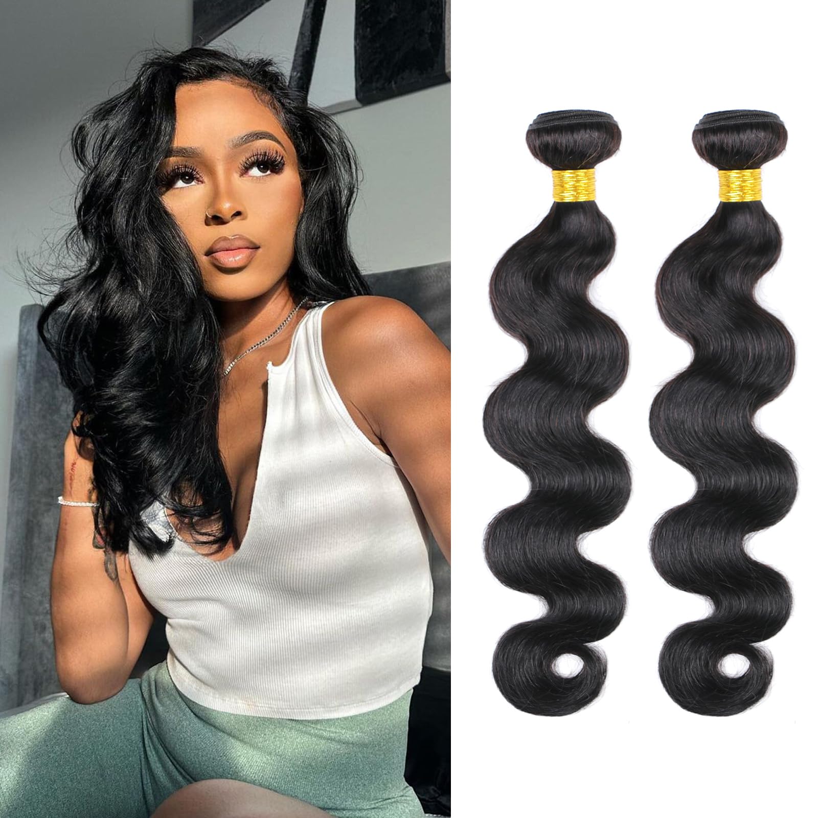 DaiMer Human Hair Bundles 16 18 Inch Body Wave Bundles 12A 100% Unprocessed Brazilian Virgin Hair Weave Bundles Body Wave 2 Bundles Human Hair Extensions Natural Color