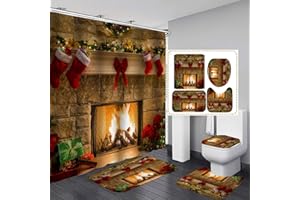 YDDSKY 4PCS Christmas Fireplace Shower Curtain Sets, Christmas Tree Stocking Shower Curtain Sets with Rugs, Toilet Lid Cover and Bath Mat for Bathroom Set Decor Christmas Bathroom Decor Theme