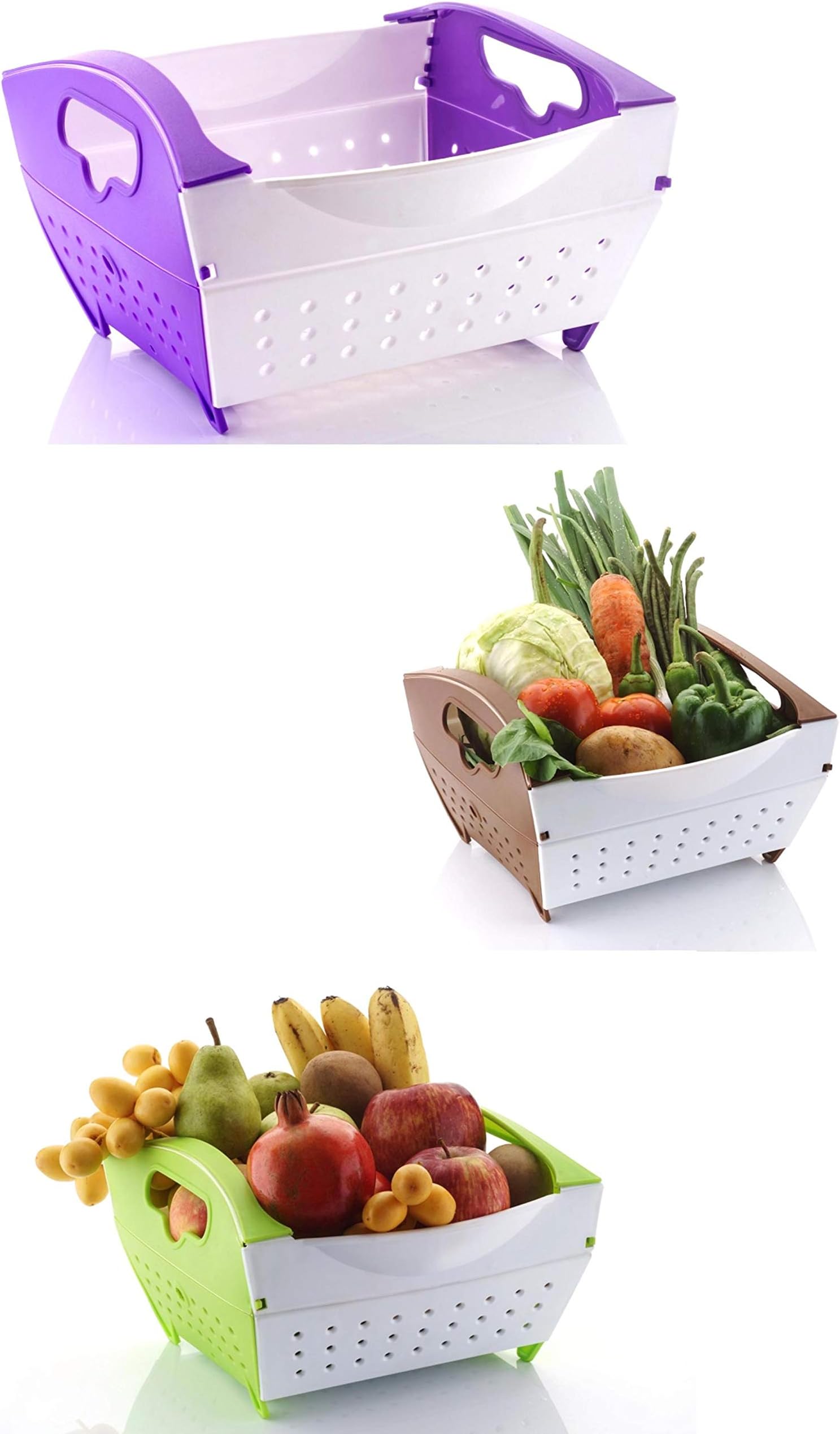 ROXA Plastic Multipurpose Folding Fruit Vegetable Colander and Basket (Multicolour) - Pack of 3