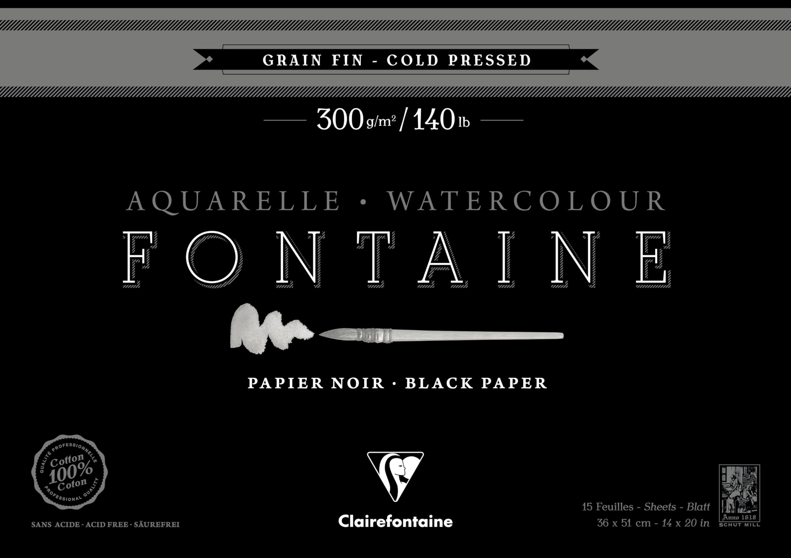 Clairefontaine - Ref 975306C - Fontaine Cold Pressed Black Watercolour Pad (15 Sheets) - 36 x 51cm Size, 300gsm Paper - Suitable for Watercolour Artwork