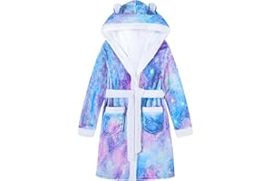 Funnycokid Girls Robes Kids Hooded Bathrobe Soft Fleece Pajamas Plush Flannel Sleepwear 4-14 Years