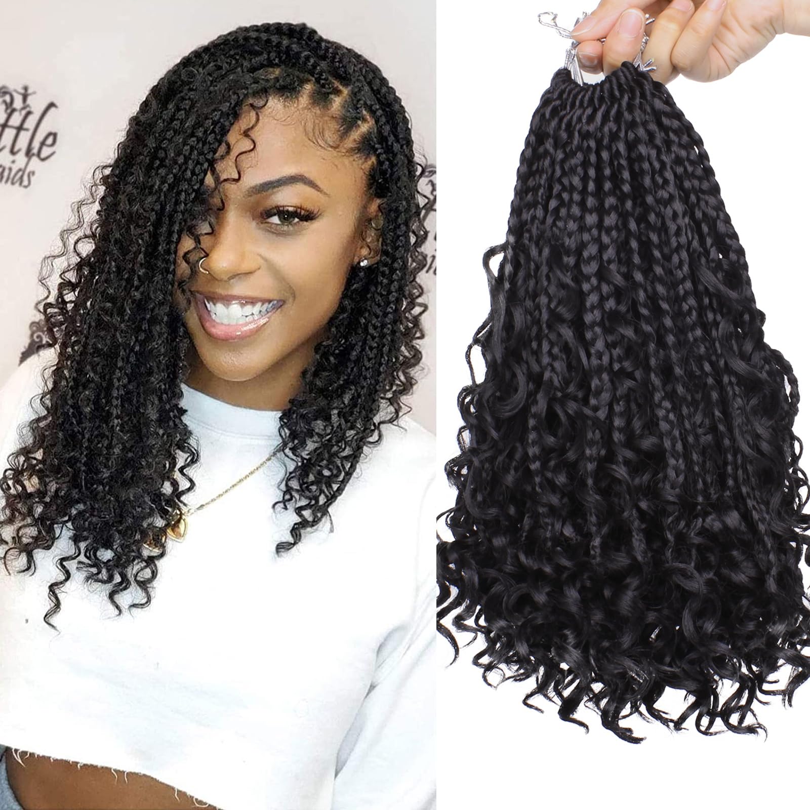 XTREND 10Inch 8Packs Boho Box Braids Crochet Hair with Curly Ends 14strands/pack Pre Looped Black Messy Goddess Box Braids Hair Extensions Individual Synthetic Bob Goddess Locs Hair — image 1