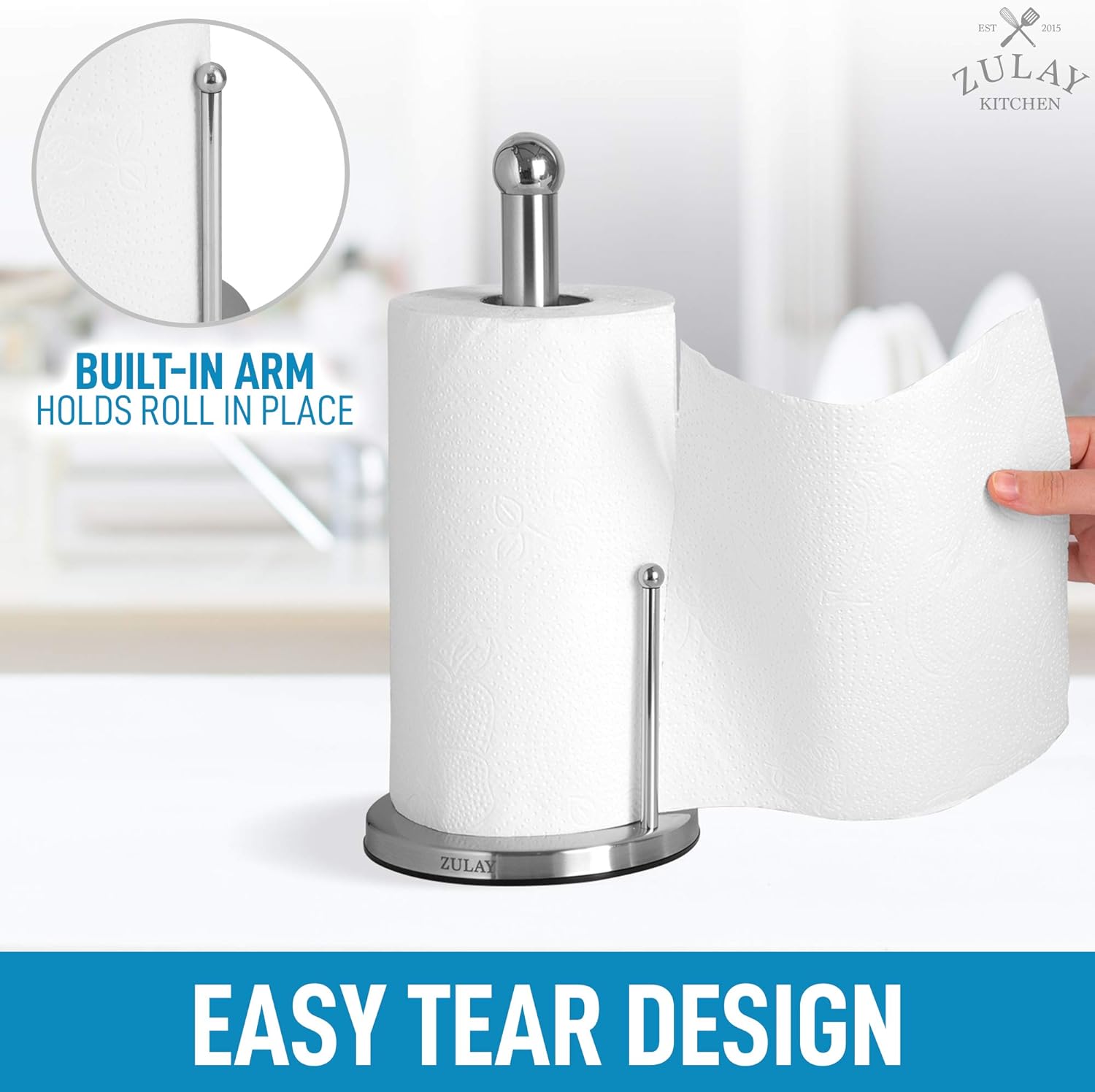 Zulay Stainless Steel Paper Towel Holder - Standing Paper Towel Holder Countertop Roll Dispenser for Standard & Large Sized Rolls - Easy One Handed Tear Paper Towel Holders for Kitchen & Dining Table -
