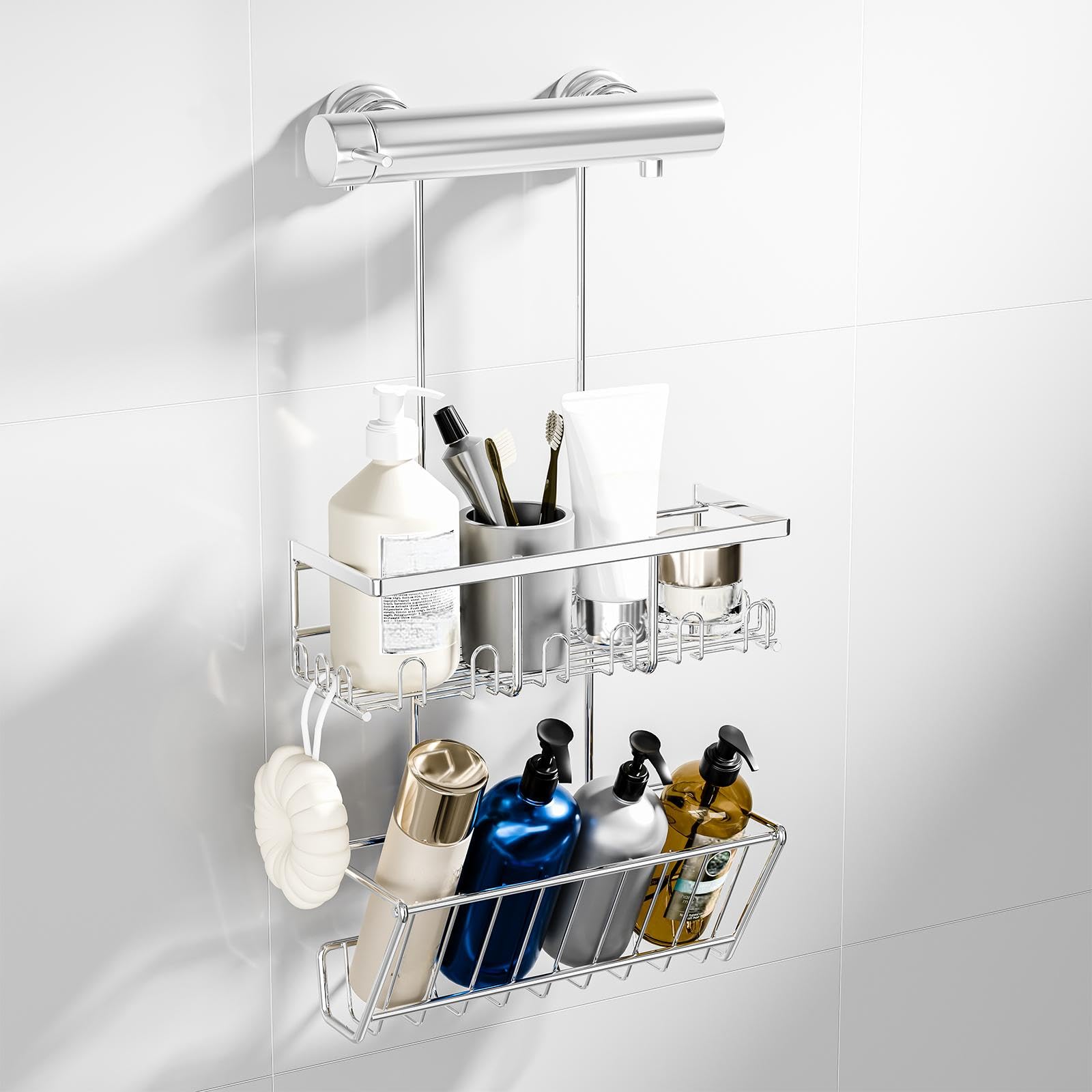 HouseUp Shower Caddy - Hanging Shelf No Drilling 2-Tier, Bathroom Storage Basket, Shampoo Holder, Tidy Organizer, Rustproof, Silver