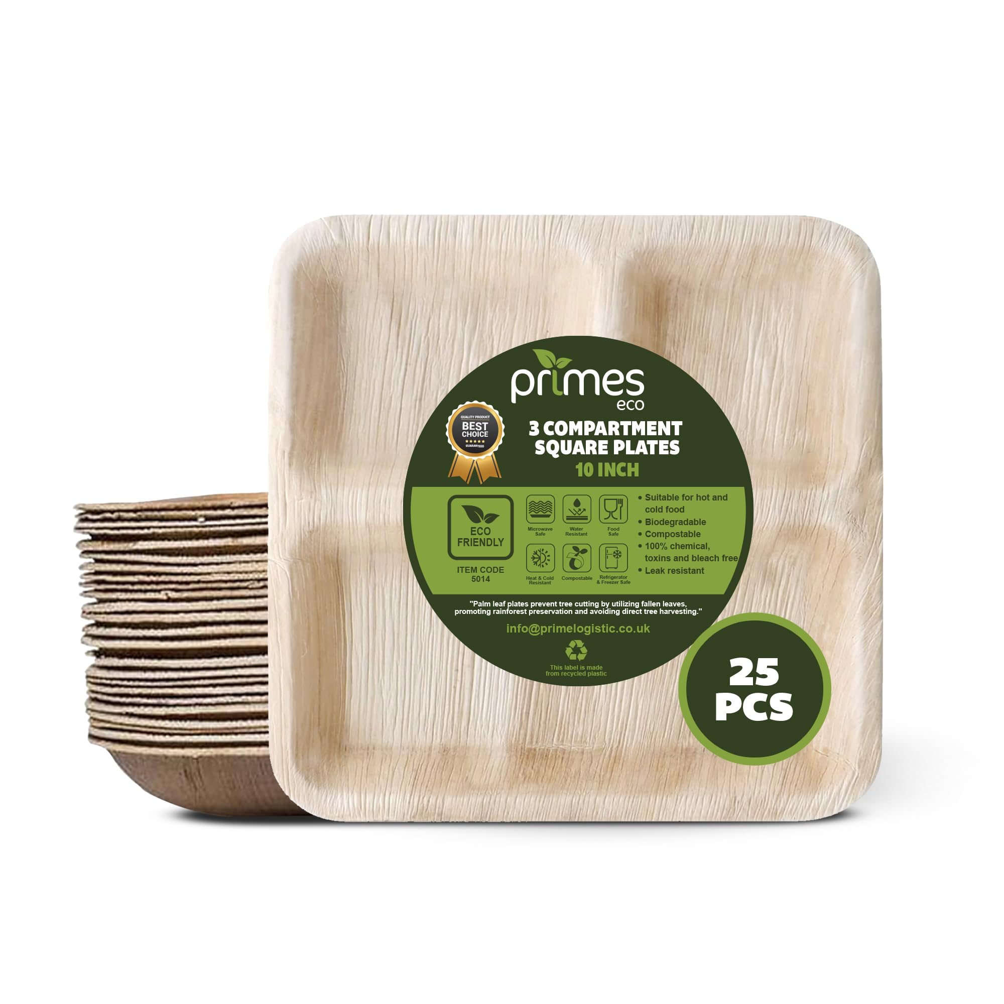 PRIMES ECO 10x10 INCH Areca Palm Leaf Square Plates Large Heavy Duty Disposable Tableware with 3 Compartments Microwave & Oven Safe Plates for Party, Wedding, Camping, Picnic & Office Events (25 PCS)