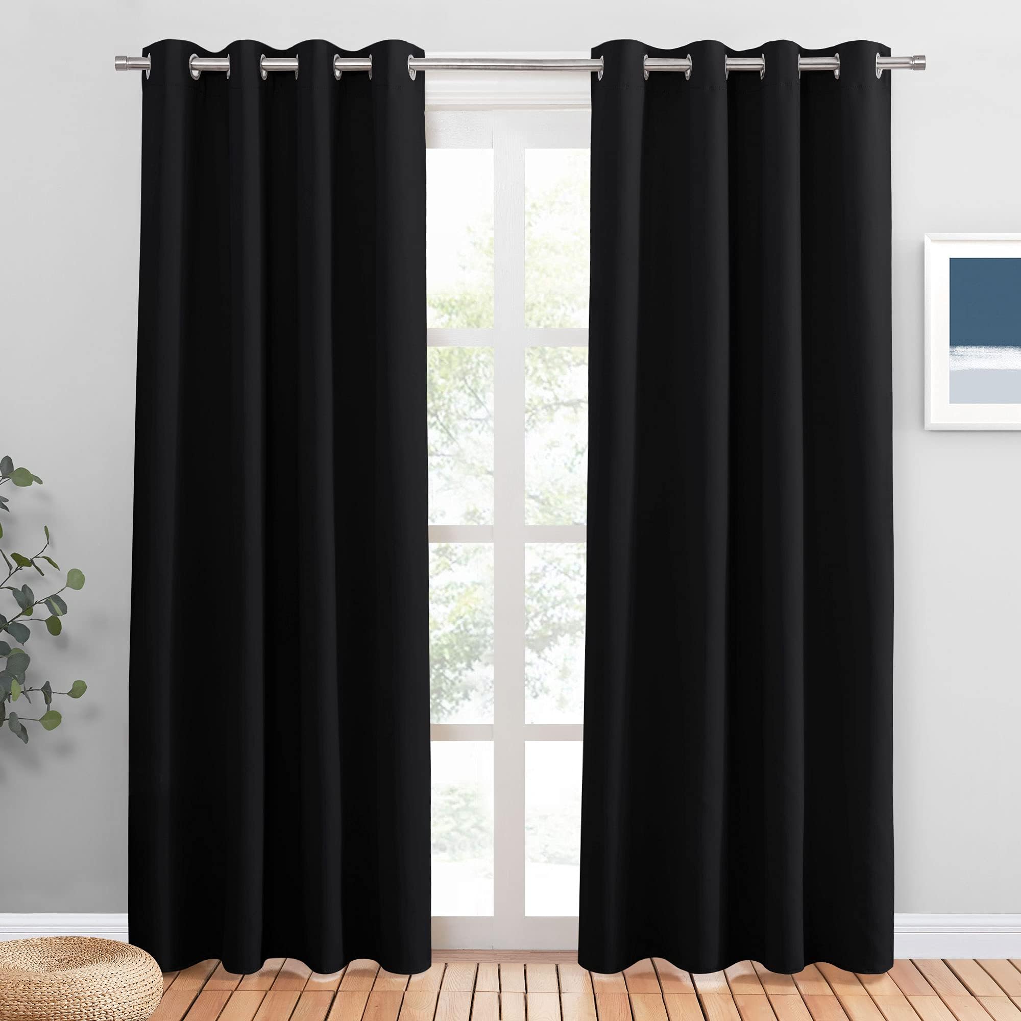 PONY DANCE Black Blackout Curtains Long 84 Inch Drop for Living Room, Eyelet Thermal Energy Saving & Light Darkening Curtains for Bedroom, Window Treatment for Bedroom, W46 X L84 — image 1