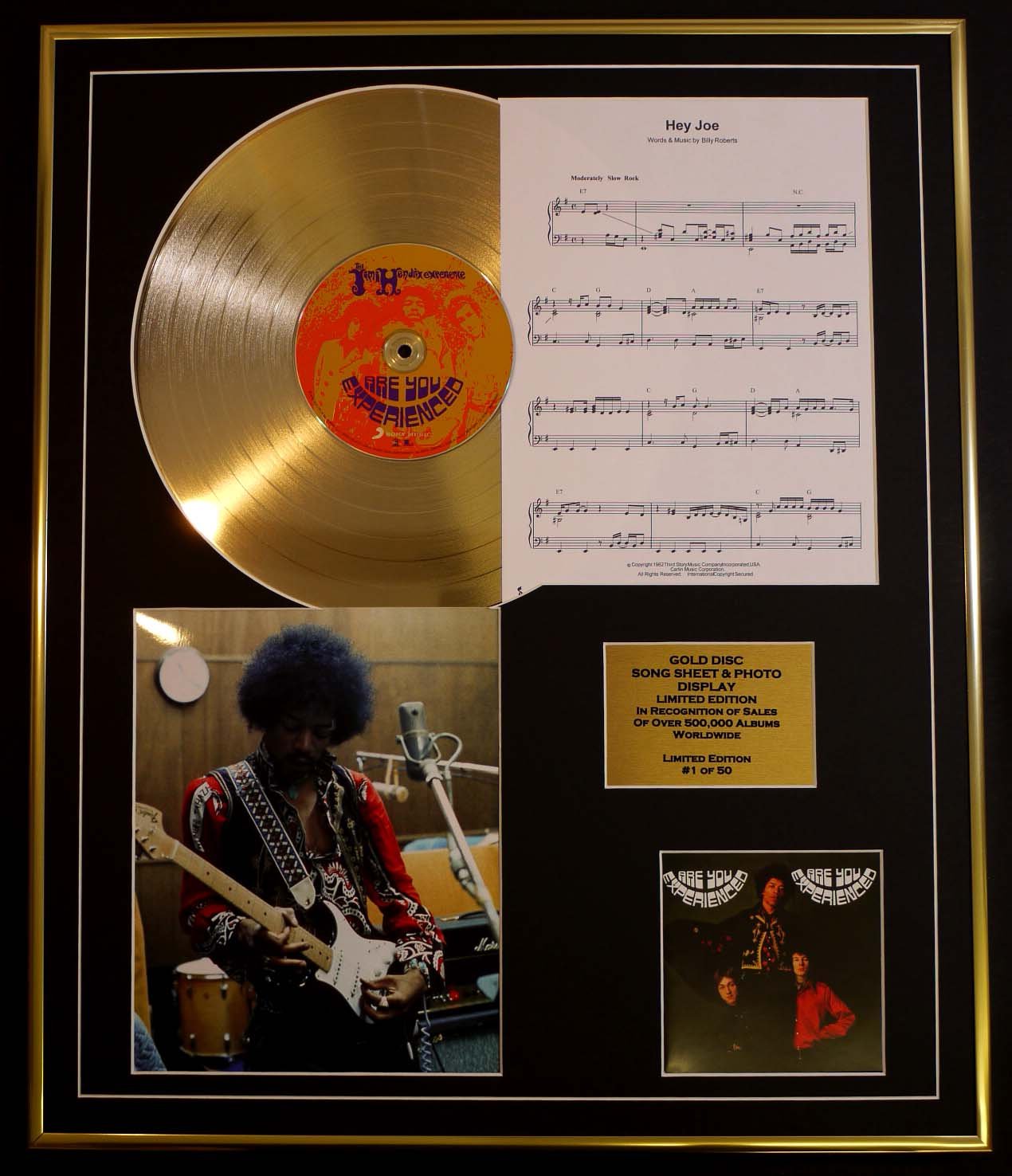 JIMI HENDRIX/CD GOLD DISC, SONG SHEET & PHOTO DISPLAY/LTD. EDITION/COA/ALBUM, ARE YOU EXPERIENCED/SONG SHEET, HEY JOE