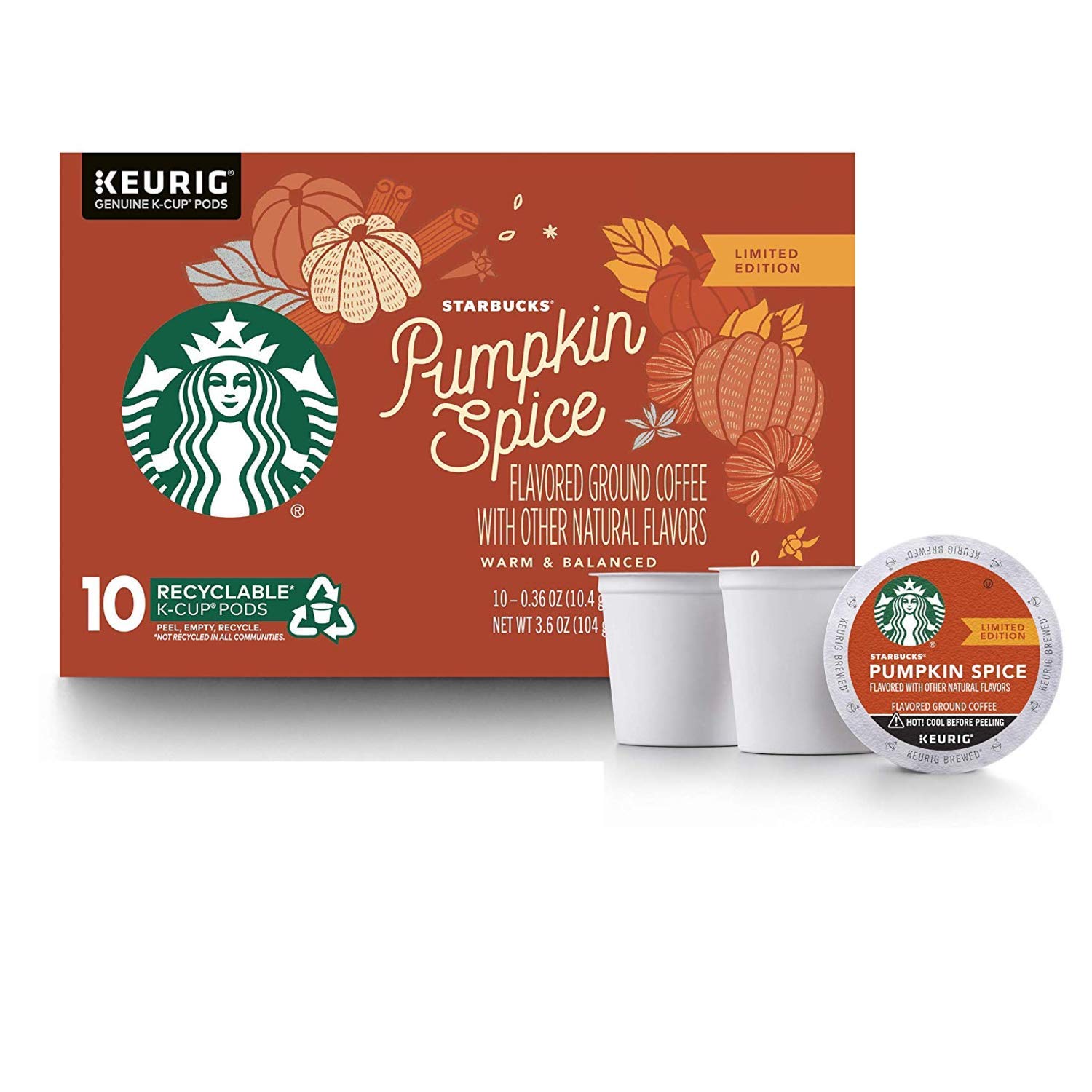 Starbucks Pumpkin Spice Flavored Ground Coffee 1 box of 10 K-Cup Single Serve Pods, 1 box of 10,Orange,
