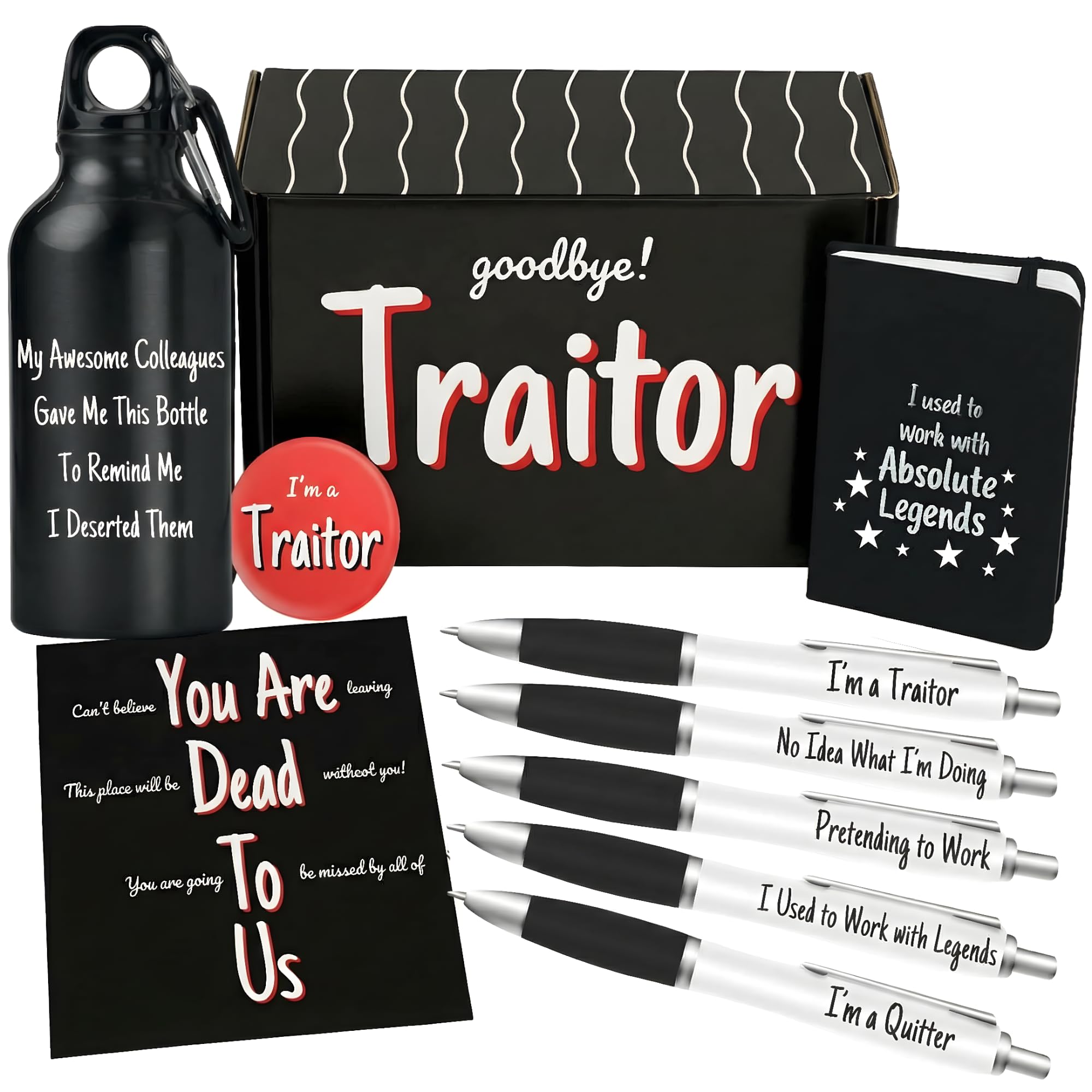 New Job and Leaving Presents for Colleagues Bundle of Water Bottle, Pen Pack, Notebook and Card - 9 Funny Leaving Gifts for Men - Good Luck in Your New Job - Sorry Your Leaving