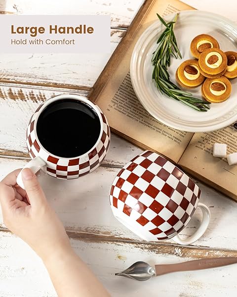 LAUCHUH PORCELAIN COFFEE MUGS – 18 OUNCE LARGE MUG SET OF 6 COFFEE CUPS WITH HANDLE FOR MOTHER’S DAY, TEA LATTE CAPPUCCINO MILK COCOA, DISHWASHER & MICROWAVE SAFE, BROWN AND WHITE