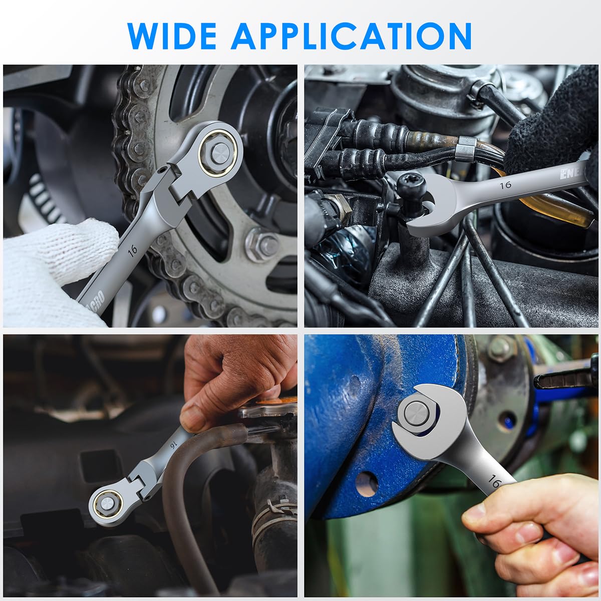 ENEACRO Gelenk-Ratschenschlüssel Set, 12Tlg, 8-19mm, Flex-Kopf Anti-Rutsch Ringmaulschlüssel, Gabelschlüssel-Ringmaul-Schlüssel-Set，72-Zähne, Cr-V, Vernickelt, mit Rolltasche 3