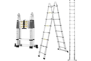 DIAMONDFORGE A-Frame Aluminum Telescopic Extension Ladder with Non-Slip Feet, 16.5FT Rv Telescope Foldable Extendable Compact Ladders for House Roof Travel Trailers, Adjustable Retractable, 330lbs Capacity