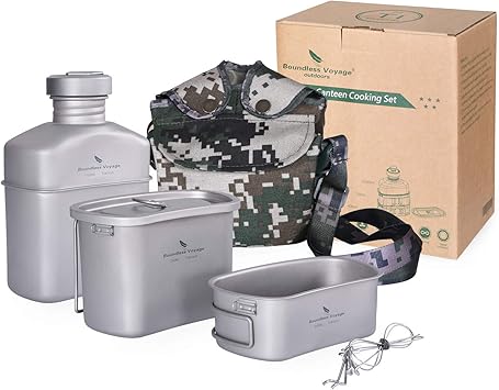 Amazon Zyvoyage チタン キャンティーン メスキット 兵式飯ごう アウトドアコップ キャンピングボトル カバー付 カンティーン クッキングセット 400ml 750ml 1100ml 3点セット Zyvoyage コッへル クッカーセット