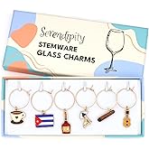 Serendipity Cuba Wine Charms, Cuban Gift, Cuban Table Decor, Set Includes 6 Charms: Cuban Flag, Sunbed, Cuban Rum, Guitar, and Coffee, Packaged in a Gift Box