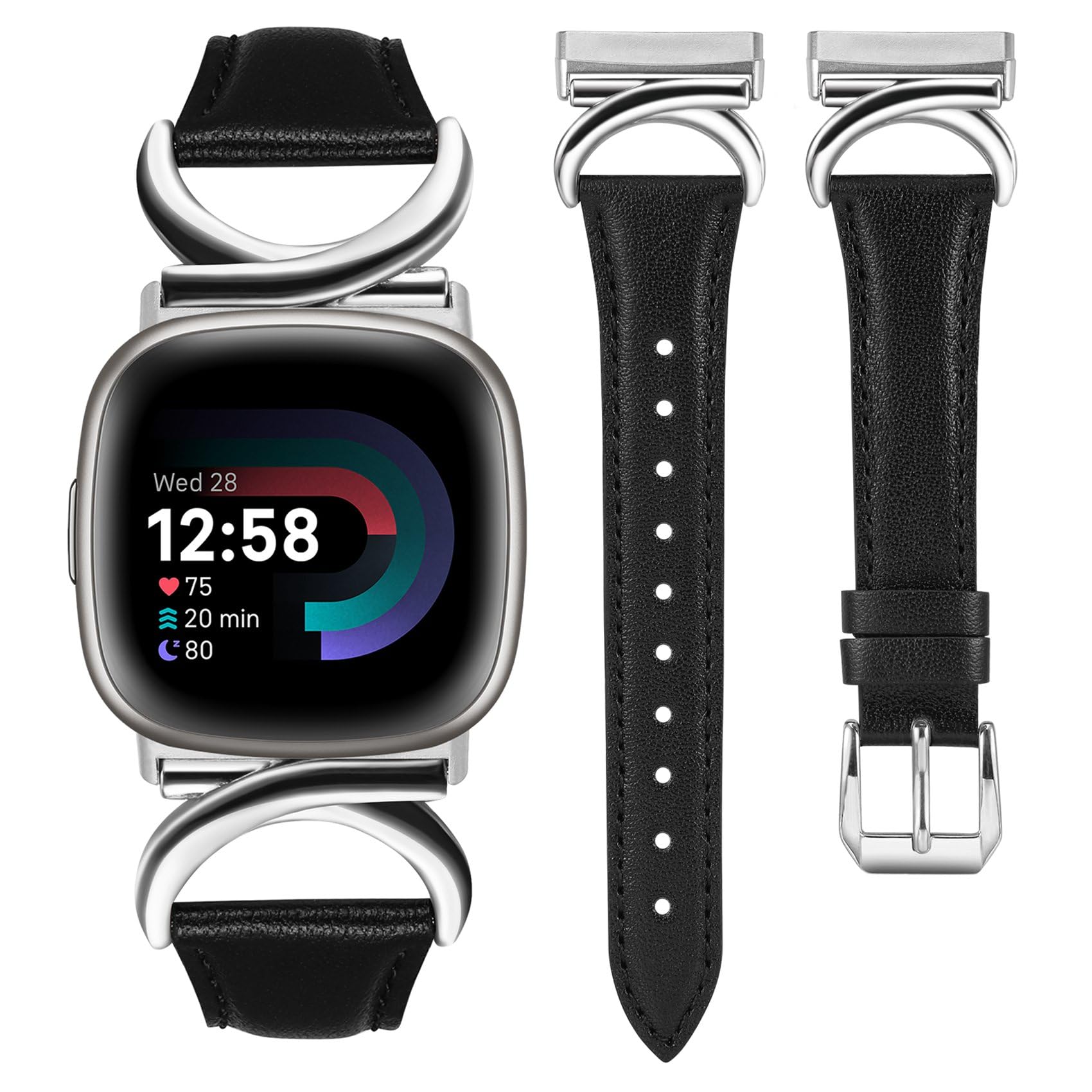 TOYOUTHS Leather Strap Compatible with Fitbit Versa 4/Versa 3/Sense 2 Women Slim Thin Dressy Elegant Premium Leather Strap with C-Shaped Metal Buckle for Versa 4, Black/Silver