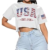 Women 4th of July Crewneck Casual T-Shirts Red Blue Patriotic Memorial Graphic Stars Stripes Crop Tops USA Flag White 2XL