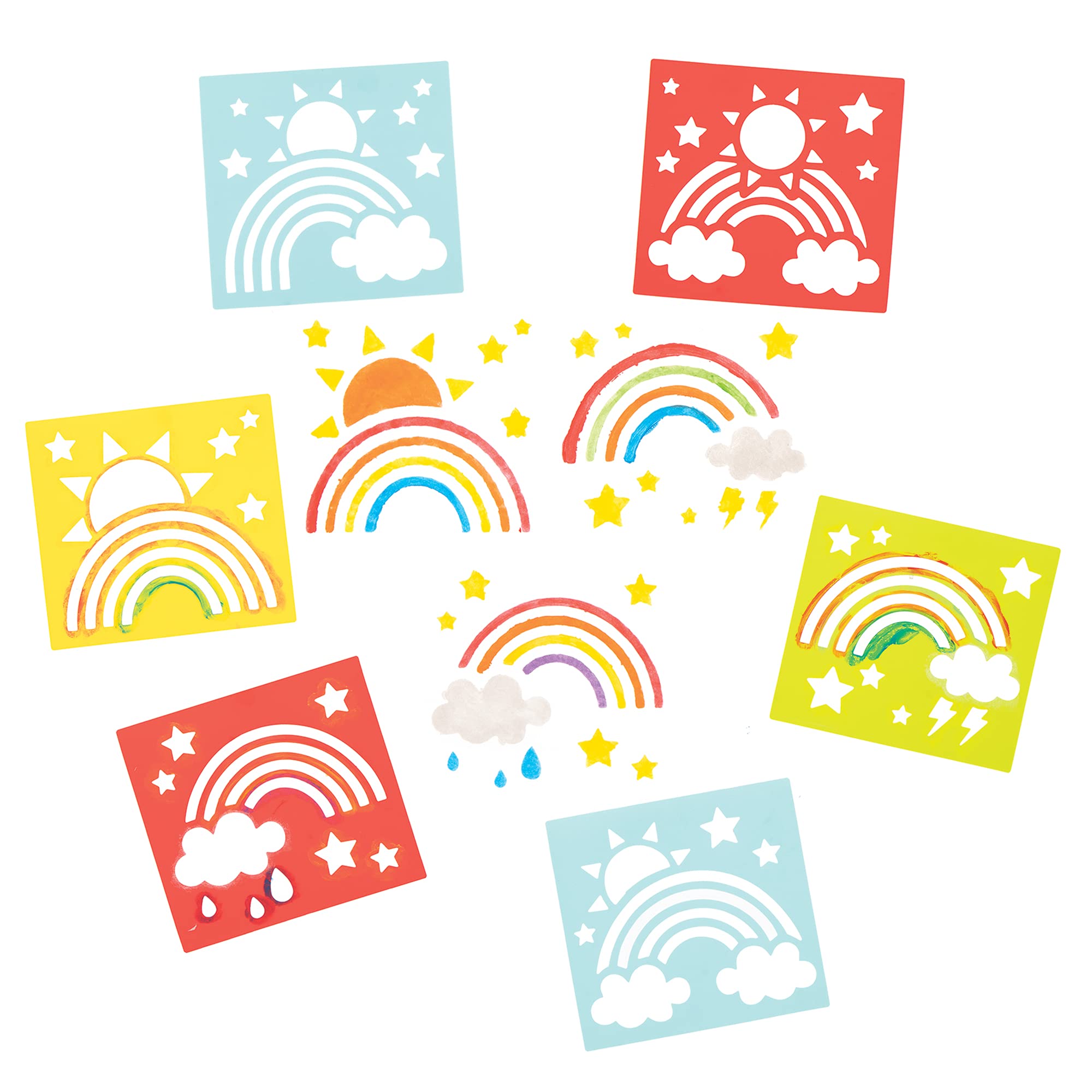 Baker Ross AX937 Rainbow Craft Stencils - Pack of 8, Plastic Stencils for Children, Art Set for Kids to Create and Design Themed Books, Cards and Pictures