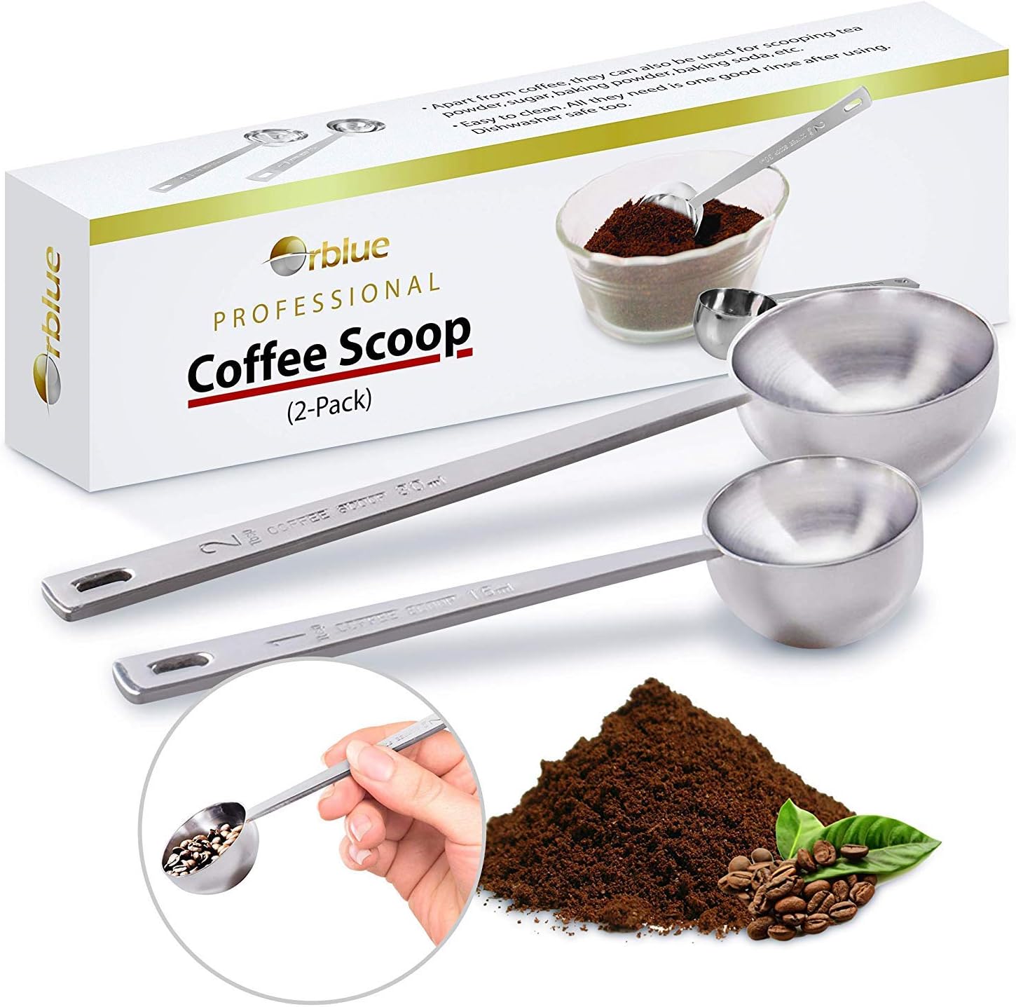 ORBLUE Stainless Steel Coffee Scoop Set 2 Pack, 1 Tbsp (15 ml) & 2 Tbsp (30 ml) Coffee Measuring Spoons with Long Handle