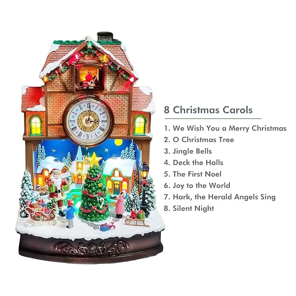 MOMENTS IN TIME CHRISTMAS VILLAGE CUCKOO CLOCK ANIMATED SANTA & TREE SCENE WITH LED LIGHTS AND MUSIC PLUG-IN ADAPTER HOLIDAY TABLETOP DECORATION (17.5”H)