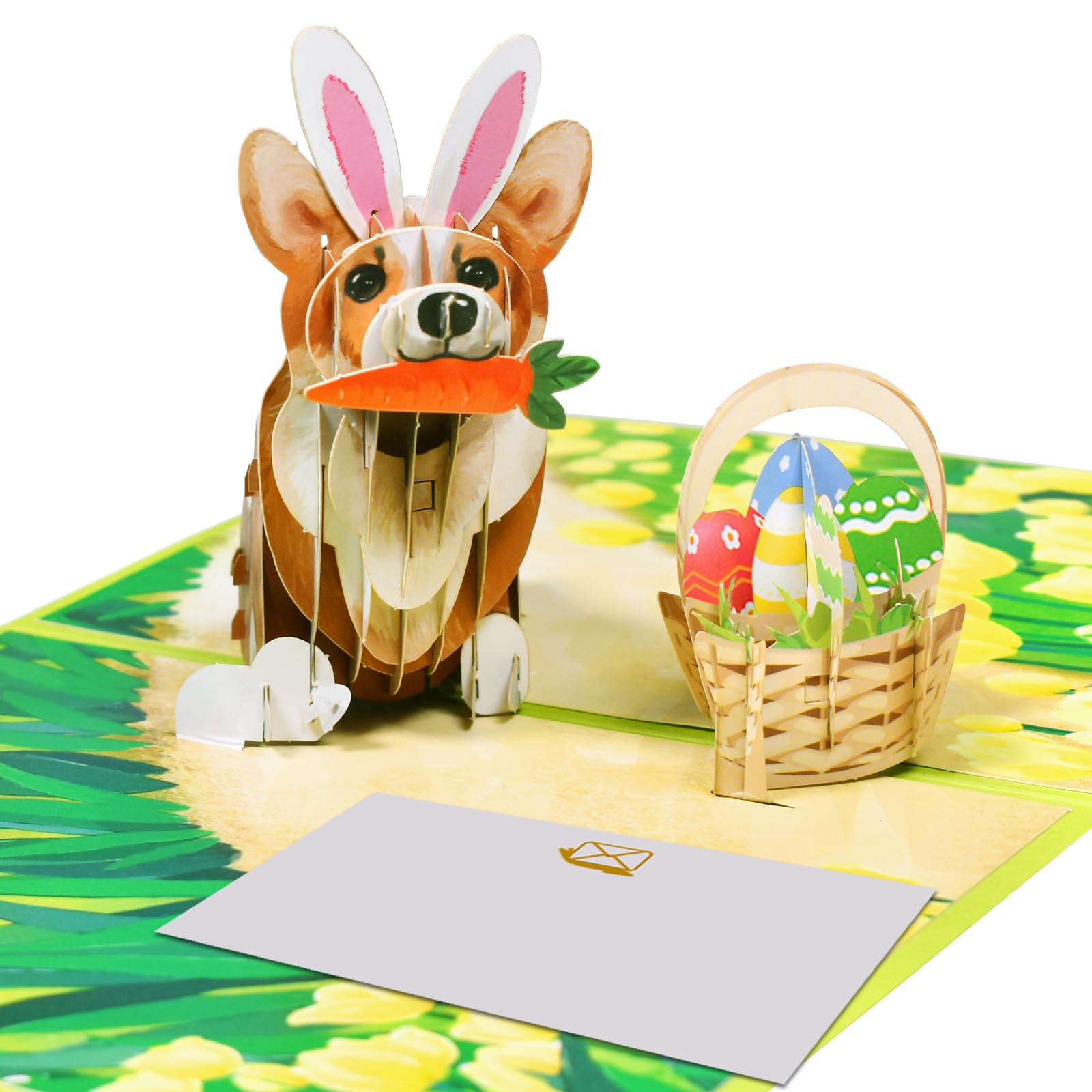 3D Pop Up Religious Easter Card Cute Corgi Bunny with Carrot Easter Basket, Spring Christian Greeting Card for Kids & Adults, Handmade Holiday Card with Envelope and Blank Note Card