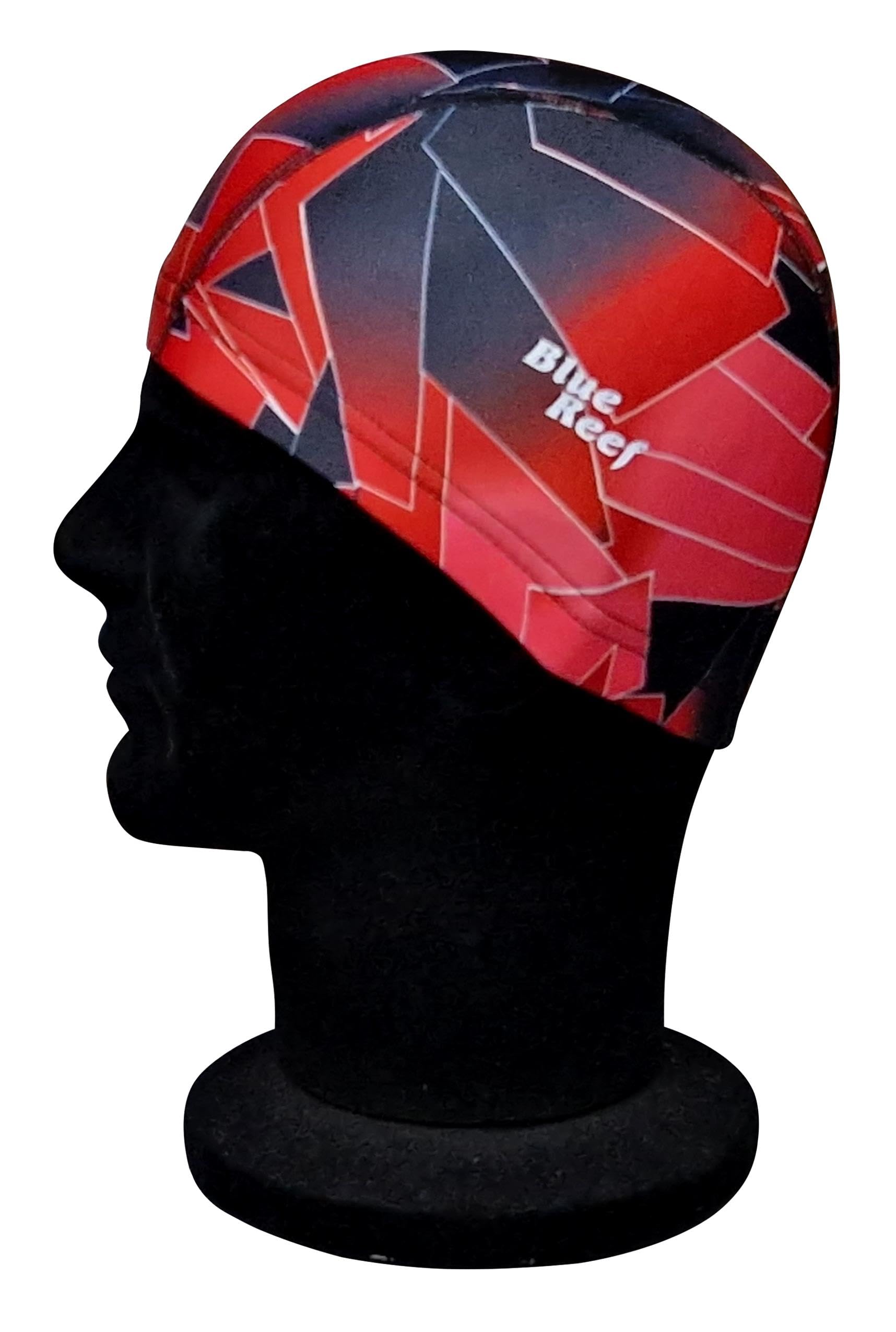 Blue Reef Elasticated Unisex Nylon Lycra Stretchy Swim Hat Bathing Cap Abstract St Tropez Print Deluxe Pull On One Size Fits All Suitable For All Ages 3+ Years (Red Print)