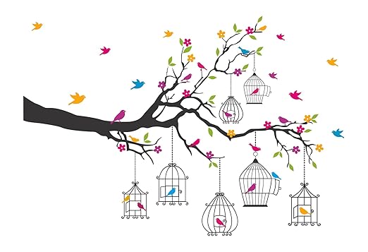 Decals Design Wall Sticker Branches With Flowers And Birds Cages Home Decoration