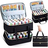 Abbylike Acrylic Paint Organizer Case for up to 56 Bottles (2 Oz) Double Layer Art Supply Storage Bag Alcohol Ink Storage Paint Carry Case with Foam Insert and Inner Pocket(Black)