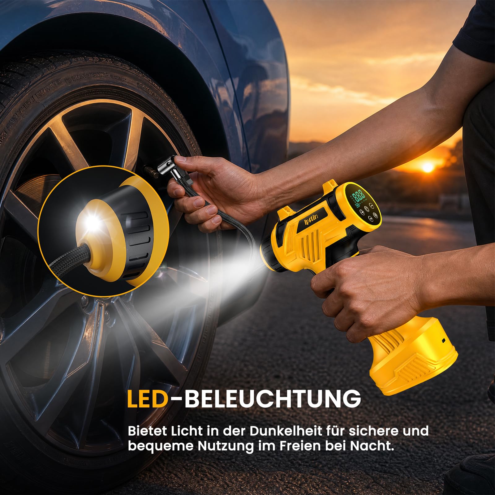 Ipflin Elektrische Auto Luftpumpe Akku Fahrradpumpe - Tragbare Luftpumpe Fahrrad 150PSI - 22L/min Akku Kompressor mit LED-Anzeige/Licht - 4 Voreingestellte Modi für Auto/Fahrrad/Motorrad/Ball 6