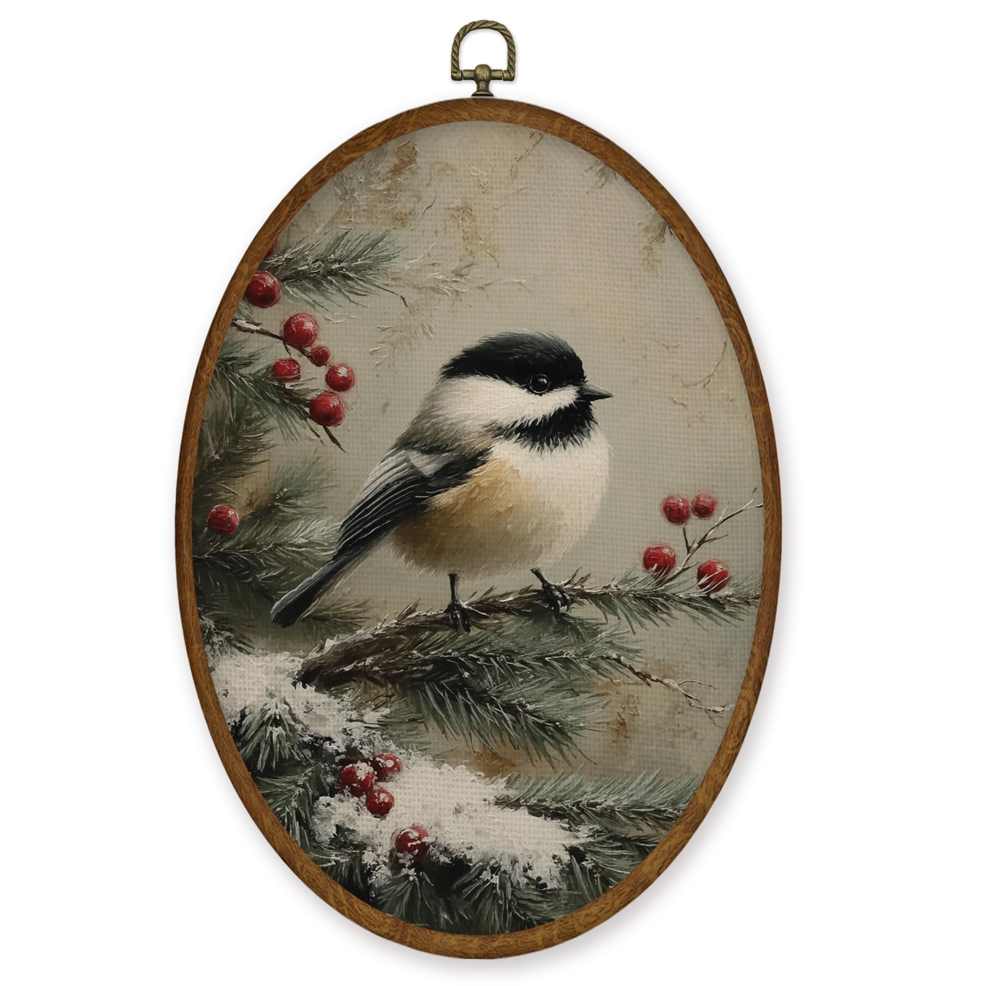 Photo 1 of WULQYING Vintage Winter Christmas Chickadee Wall Art Decor, Rustic Christmas Oval Framed Canvas Art Prints, Farmhouse Winter Xmas Bird Wall Hanging Decor for Home Bedroom Living Room, 8.6x11.4 Inches