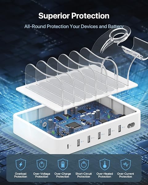 SOOPII 60W 6-PORT CHARGING STATION FOR MULTIPLE DEVICES, PD 20W USB C FAST CHARGING FOR LPHONE 14/13/12,6 SHORT CABLES INCLUDED, 2 IN 1 HOLDER,FOR PHONES,TABLETS AND OTHERS,WHITE