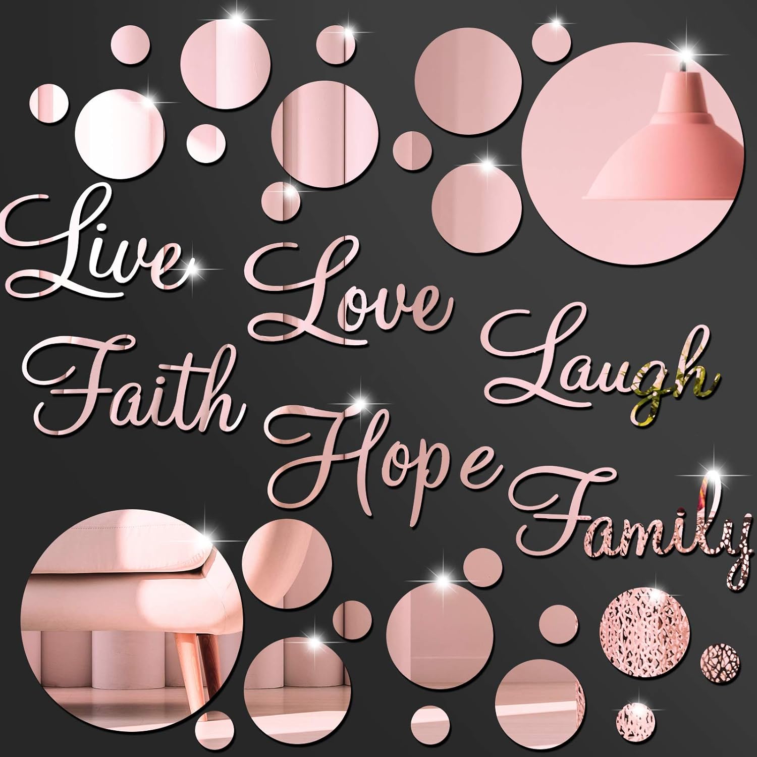 3D Acrylic Mirror Wall Decor Stickers DIY Faith Live Laugh Hope Love Family Mirror Wall Decor Solid Circle Mirror Wall Decal for Home Office School Classroom Teen Dorm Room Decoration (Rose Gold)