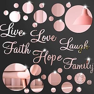 3D Acrylic Mirror Wall Decor Stickers DIY Faith Live Laugh Hope Love Family Mirror Wall Decor Solid Circle Mirror Wall Decal for Home Office School Classroom Teen Dorm Room Decoration (Rose Gold)