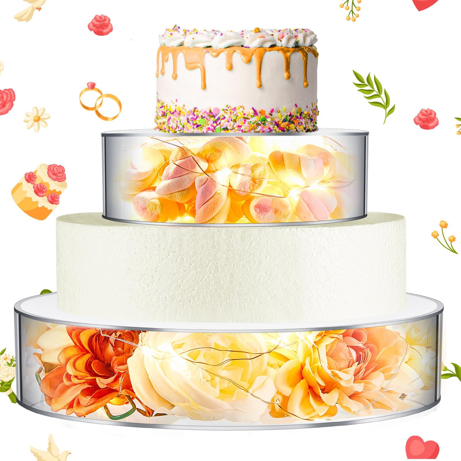 Photo 1 of Sunnyray 2 Pcs Acrylic Cake Stands for Dessert Table Clear Fillable Cake Riser Cupcake Tier with LED Strings for Birthday Wedding Holiday Party Display(6'', 10'')