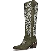 wetkiss Women's Knee High Cowboy Boots - Western Cowgirl Boots with Embroidered Pointed Toe, PU Leather, Chunky Heel, Pull On Tall Boots