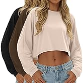Evervibe 3 Pack Women's Lantern Long Sleeve Oversized Crop Tops Crew Neck Loose Pullover Sweatshirts Casual Workout Shirts