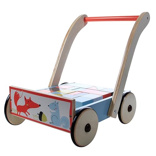 labebe Baby Walker with Wheel, Blue Fox Printed Wooden Push Toy,