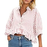 Cicy Bell Womens Cropped Striped Button Down Shirts Ruffle 3/4 Length Sleeve Summer Tops Dressy Casual Blouses