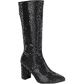 ABSOLEX Women Pointed Toe Rhinestone Block Medium Heel Knee High Boots
