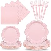 Houuqe 96 Pcs Pink Paper Plates and Napkins Set Party Supplies, Tableware set for 24 Guest include Disposable Pink Scalloped Plates, Napkins and Forks for Baby Shower Valentine’s Day Wedding