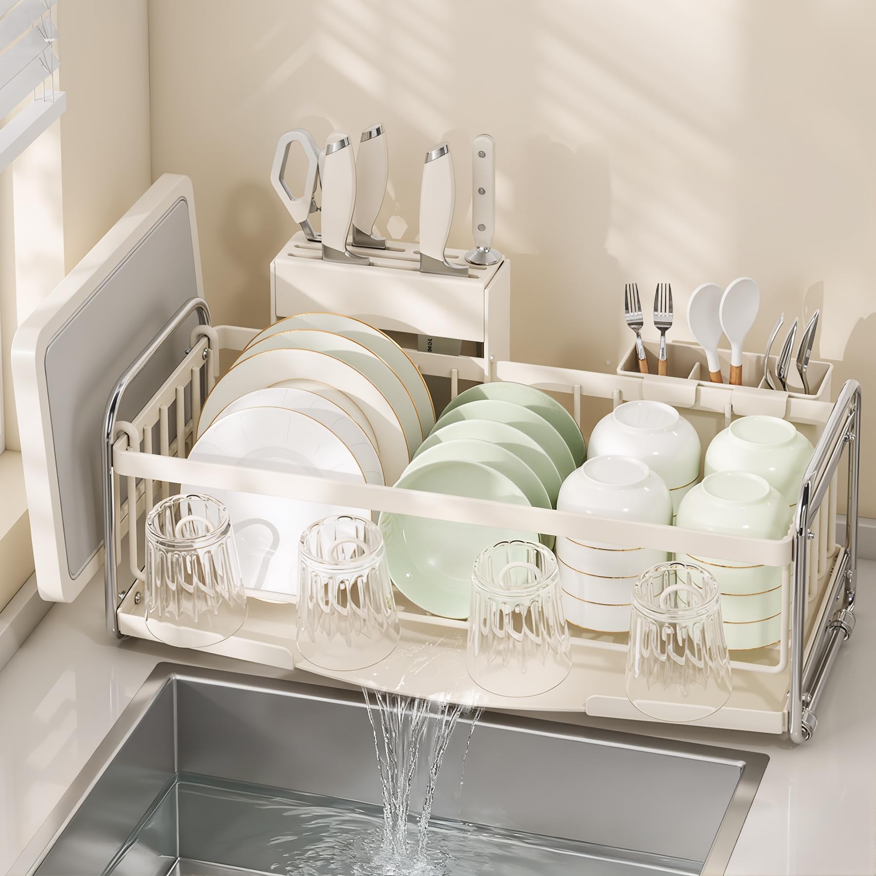 Photo 1 of MeiChaoMeiJia Dish Drying Rack - Compact Dish Drainer for Kitchen Counter with Dishwashing Holder, White Large Metal Plate Drying Organization and Storage Sink Rack, Ivory